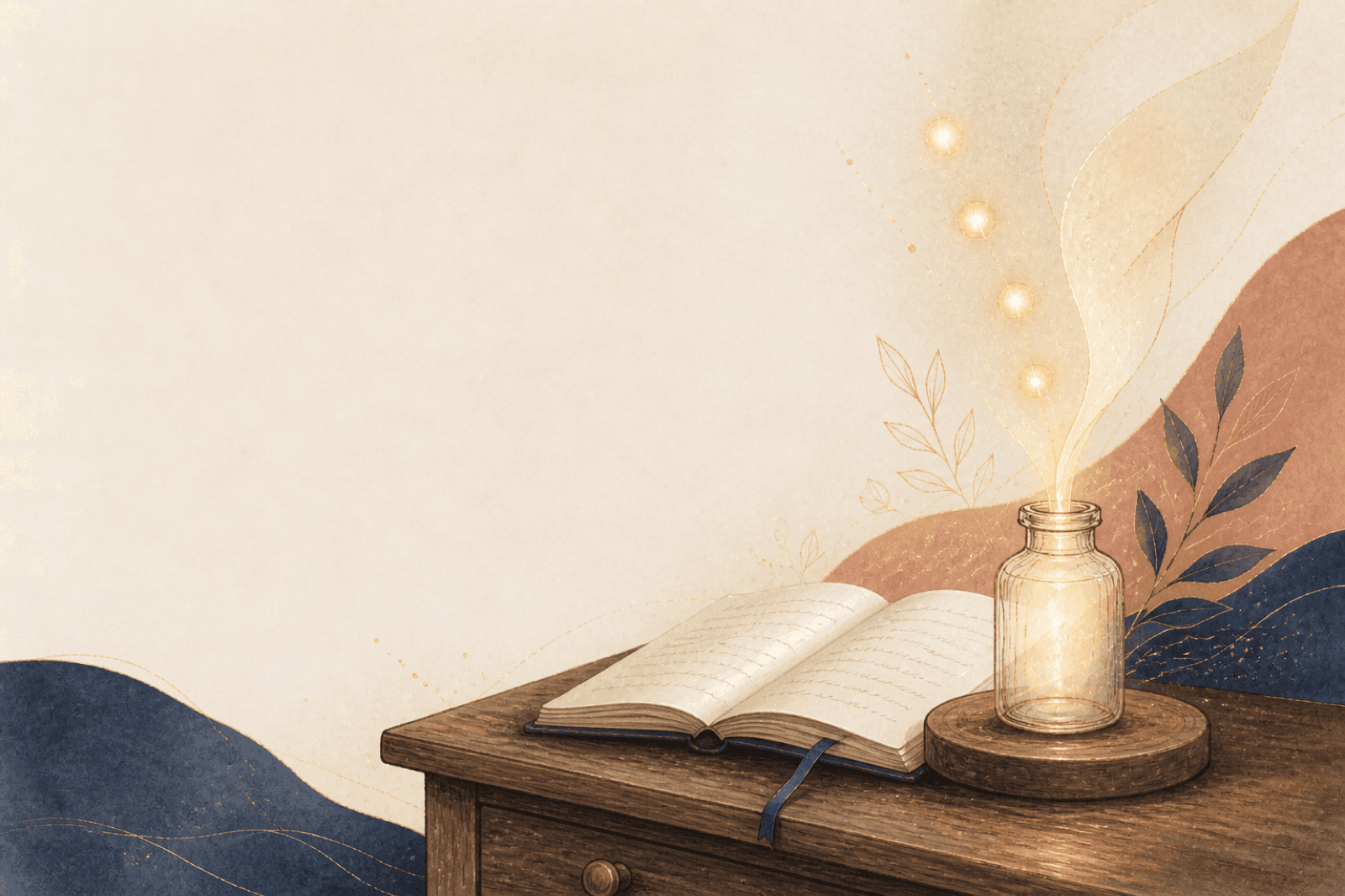 An open journal beside a softly glowing prayer bottle at dawn