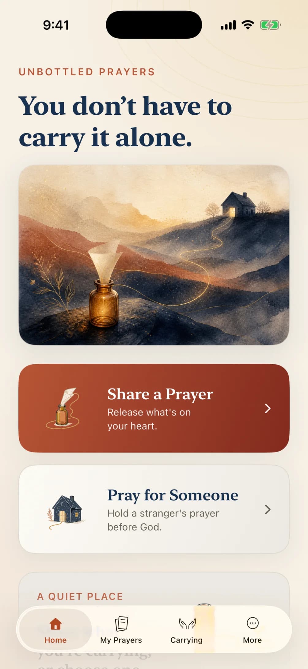 Unbottled Prayers Home screen with Share a Prayer and Pray for Someone choices
